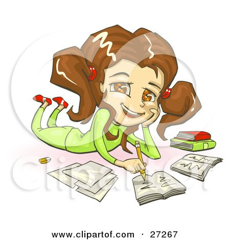 Clipart Illustration of a Smiling Brunette, Brown Eyed School Girl In Green 