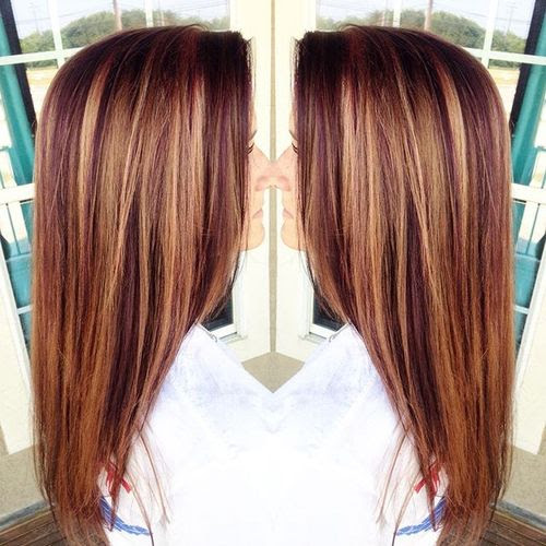 purple red hair with caramel highlights