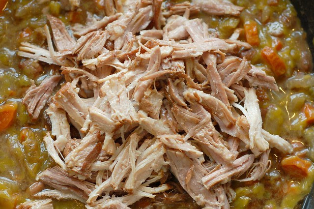 Adding shredded pork to the beans by Eve Fox, Garden of Eating blog, copyright 2011