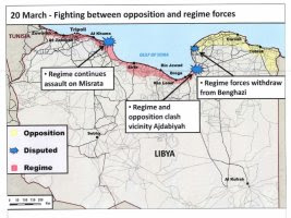 Briefing slide showing a representation of coalition strikes against Gadhafi’s ground maneuver forces ~10 miles south of Benghazi.