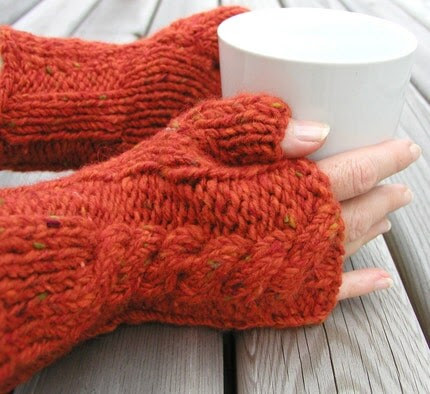 Hand Knitted Donegal Tweed Fingerless Gloves in Pumpkin Orange