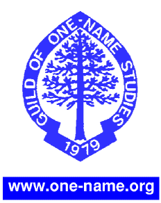 Picture logo for the Guild of One-Name Studies. Tree in a crest with web site address below. Click here to go to their home page.