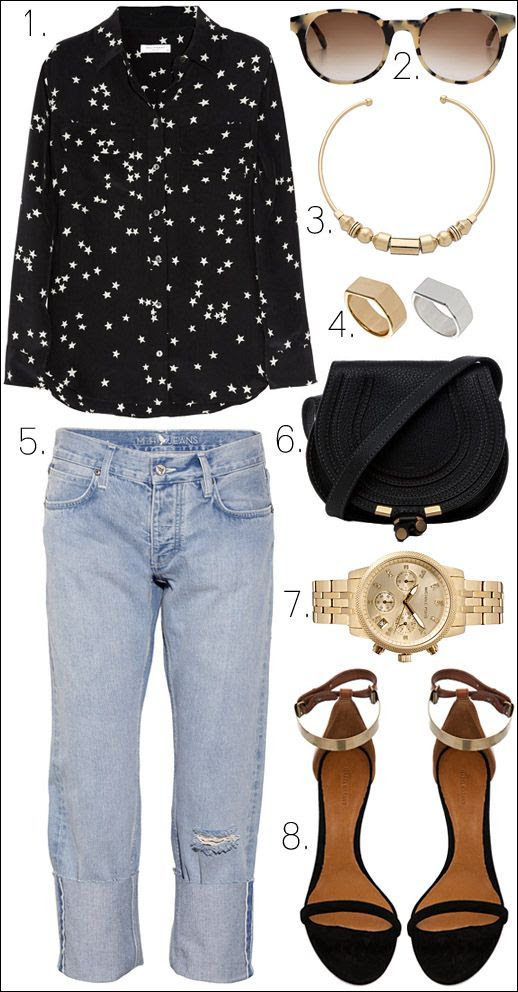 LE FASHION BLOG OUTFIT COLLAGE GET THE LOOK Equipment Star Print Slim Signature Blouse Prism Paris Tort Shell Sunglasses Madewell Geo Chunky Collar Necklace ASOS Multipack Flat Top Rings MiH Jeans Phoebe Mid Rise Boyfriend Jeans Chloe Marcie Satchel Black Bag Michael Kors Gold Crystal Chronograph Watch Isabel Marant Adele Heel Black Gold Metallic Metal Ankle Strap