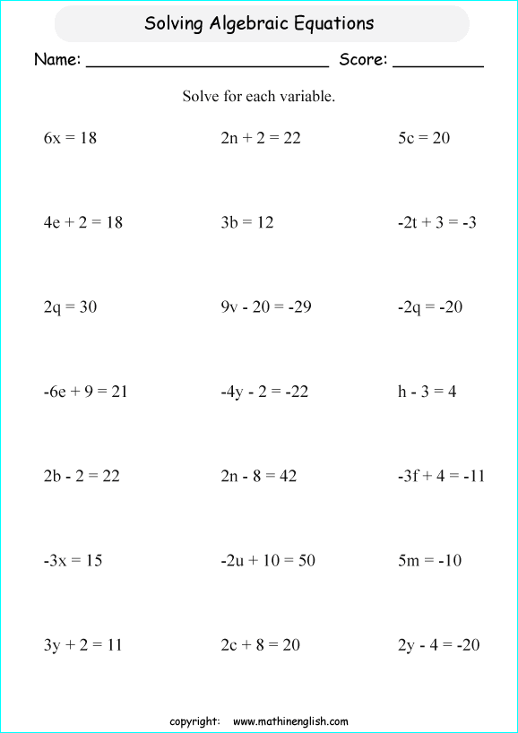 solve these algebraic multiplication sentences and find the value of