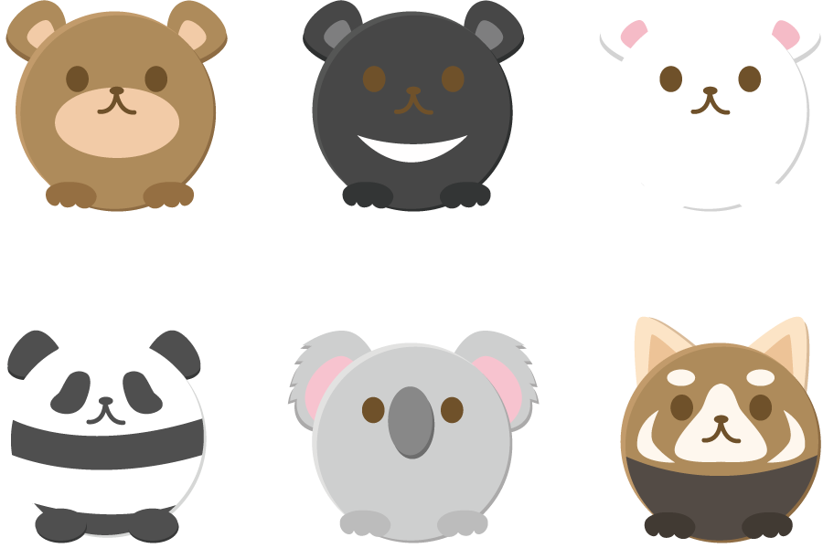 フリーイラスト 熊とパンダとコアラの丸い動物のセットでアハ体験