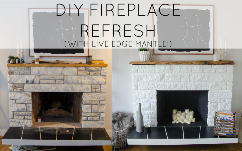 DIY STONE FIREPLACE REFRESH WITH LIVE EDGE MANTLE