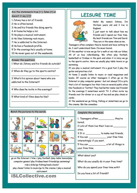  3 short reading comprehension 2 leisure time reading worksheets free