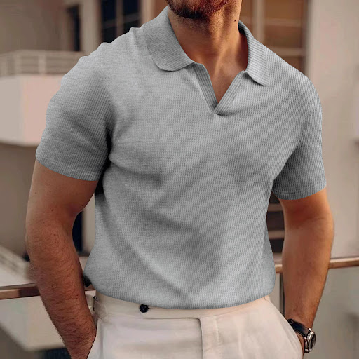 Title 4, Mens Polo Shirt Lapel V-neck Waffle Short Slee...