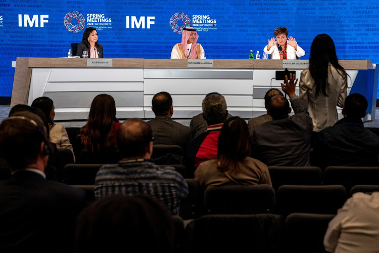 IMF Managing Director Kristalina Georgieva listens to questions of the media during a press briefing at the International Monetary and Financial Committee (IMFC) plenary session at the IMF and World Bank’s 2024 annual Spring Meetings in Washington. REUTERS/Ken Cedeno