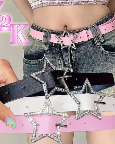 Y2K Star Buckle Belt Pink Leather Elastic Binding Embelli... - 0