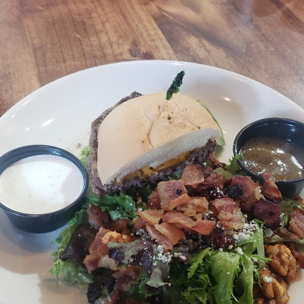 Burger with gf bun and a salad substitute for the fries which are not gf