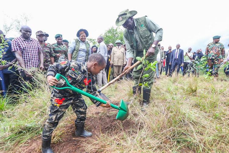 President William Ruto interacts with a young boy during the national tree planting day at Kiambicho Forest Karua Hill A, Murang'a County on May 10, 2024.