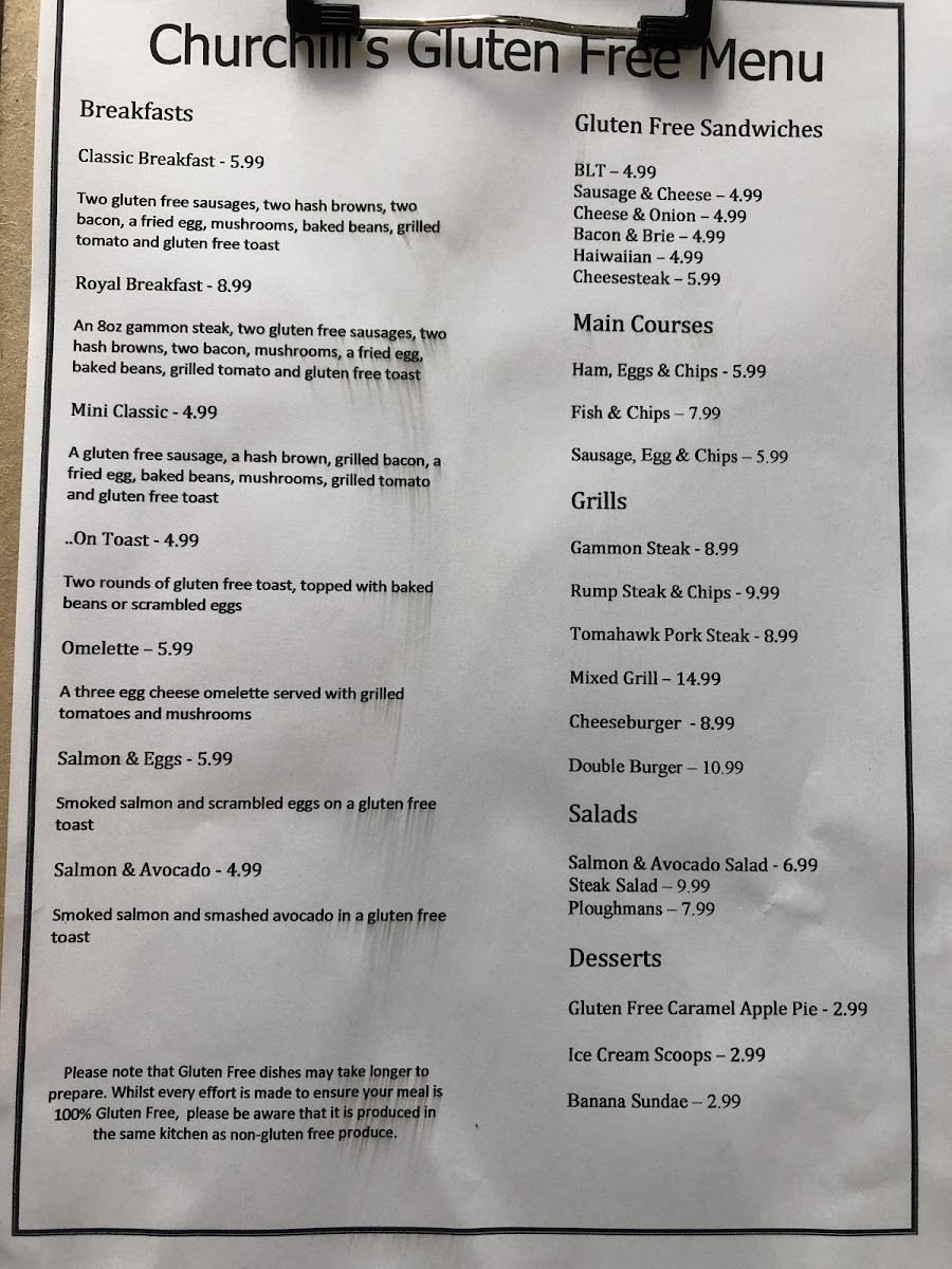 Churchills (Lincoln) Ltd gluten-free menu