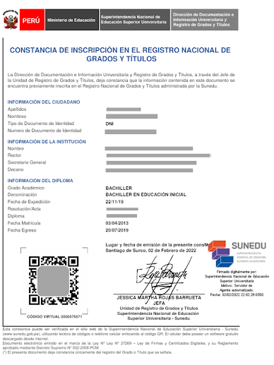 Modelo de constancia de inscripción del grado de Bachiller -  SUNEDU