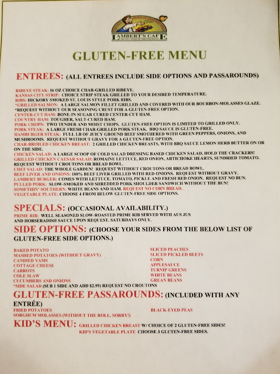 Lambert's Cafe gluten-free menu