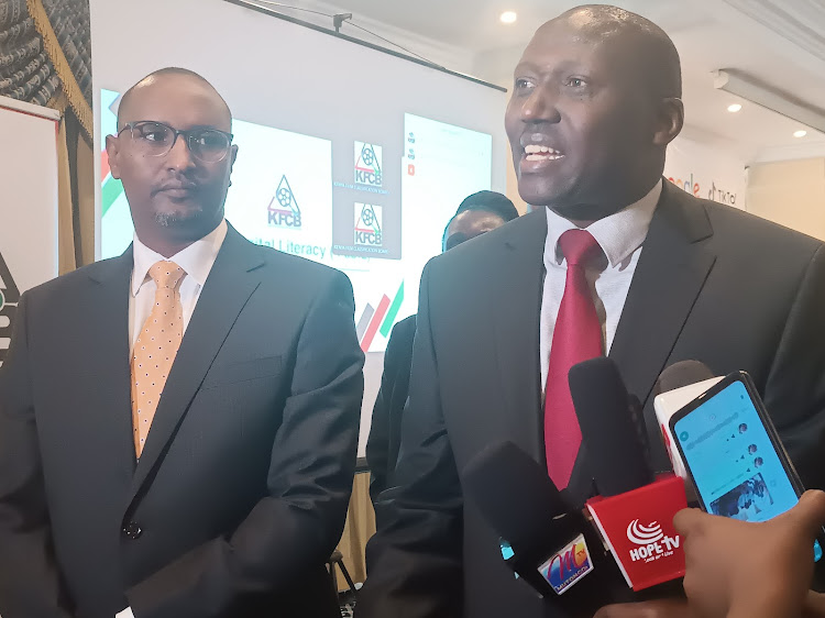 Kenya Films and Classification Board Acting CEO Christopher Wambua speaking during the launch of the Digital Parental Literacy Programme alongside Youth Affairs and Arts Principal Secretary Ismail Maalim Madey. February 7, 2023.