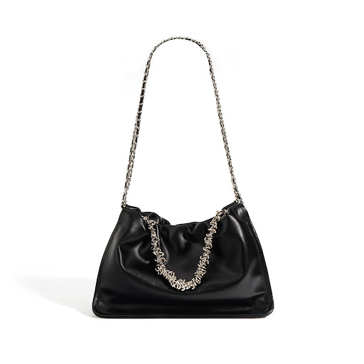 Title 9, Genuine Leather Chain Pleated Cloud Bag. Elegan...