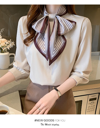 Title 9, Lady Temperament Satin Striped Shirt with Ribbo...