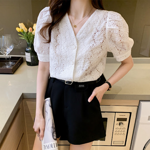 Title 7, Fashion V-neck Lace Shirt with Hollowed-out Puf...