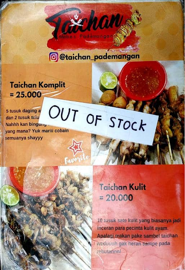 Sate Taichan Mabes Pademangan menu 