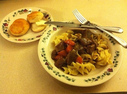 yummy beef burgundy with hot biscuits