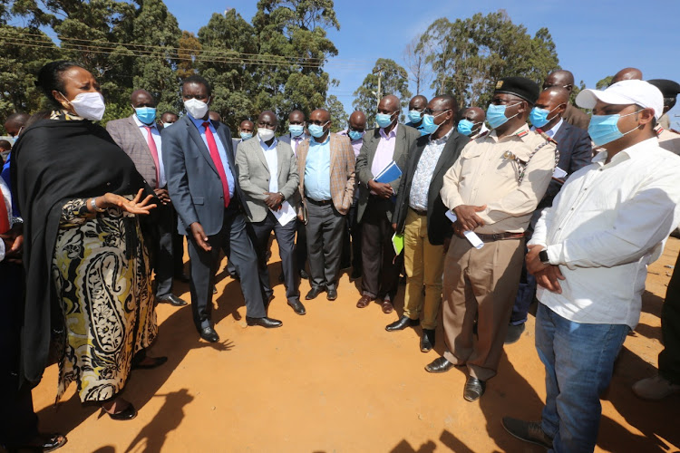 Sports cabinet Secretary Amina Mohammed with Uasin Gishu county governor Jackson Mandago at the Kipchoge Keino stadium