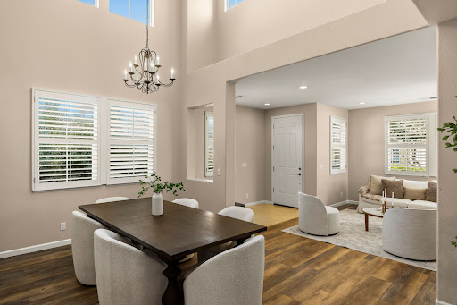 Dining room with dark table, white chairs - Prestige property for sale in Seaside, 5 bedrooms