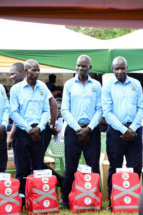 Some of the CHPs who were kitted display their bags on November 6, 2022 at the home of Siaya County Governor James Orengo in Ugenya.