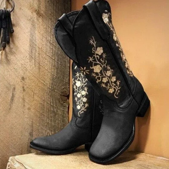 Bottes de chevalier brodées rétro à bout rond pour un style affirmé. Confort et durabilité pour un look vintage unique. Idéales pour toutes les occasions.
