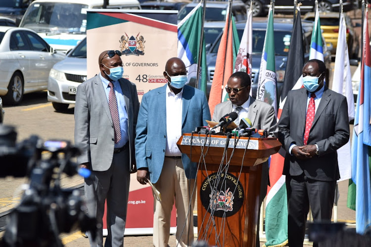 Kericho Governor Paul Chepkwony, Narok Governor Samuel Ole Tunai, Embu Governor and Council of Governors chairperson Martin Wambora and Vihiga Governor Wilber Otichilo during a press briefing on October 18, 2021.