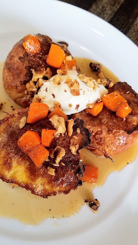 Verdigris Brunch, available everyday not just weekends. Croissant French Toast with Butternut Squash Compote, Chantilly, Walnuts