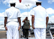 Chief of South African Defence Force General Rudzani Maphanywa ascending to the SAS MENDI Ship awaited by (left) Captain Chris Khumalo and Commandet of SA Navy General Monde Lobese at Armed Forces Day media breifing in Richard's Bay Small Craft Harbour.

Images: