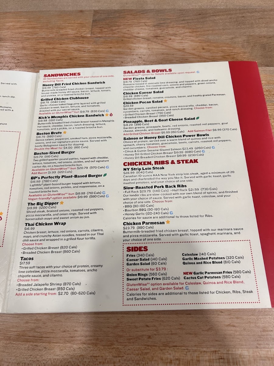 Boston Pizza gluten-free menu