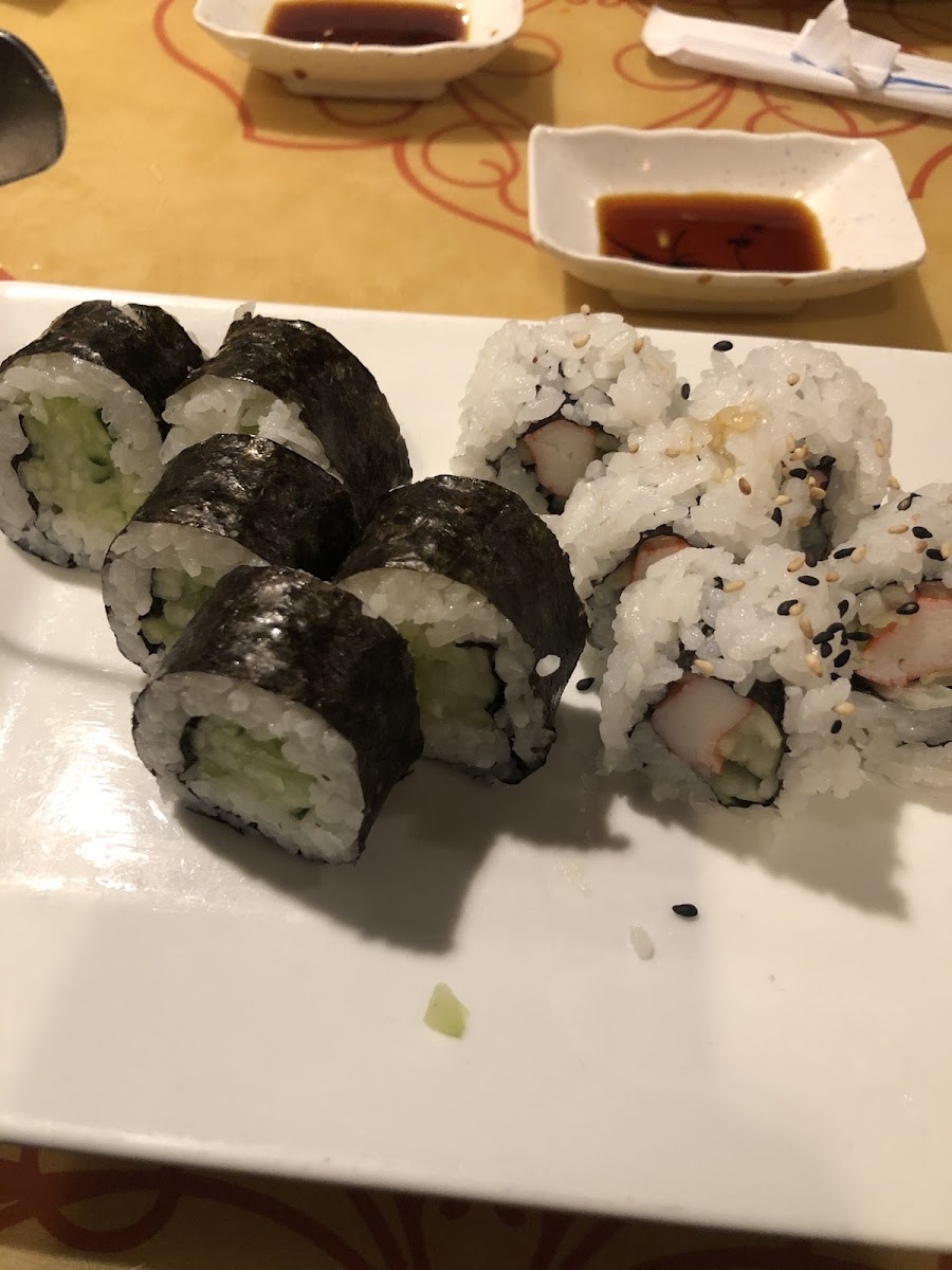 Cucumber sushi and imitation crab sushi