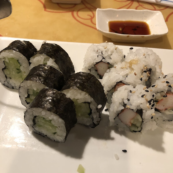 Cucumber sushi and imitation crab sushi