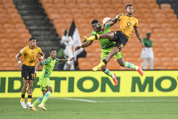 Siyabonga Ngezana of Kaizer Chiefs and Ranga Piniel Chivaviro of Marumo Gallants FC during the DStv Premiership match between Kaizer Chiefs and Marumo Gallants FC at FNB Stadium on April 08, 2023 in Johannesburg.