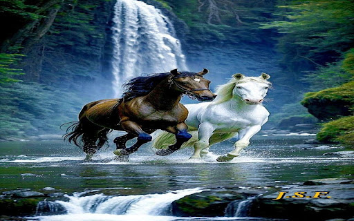 Two Horses Under the Waterfall wallpaper screenshot 1