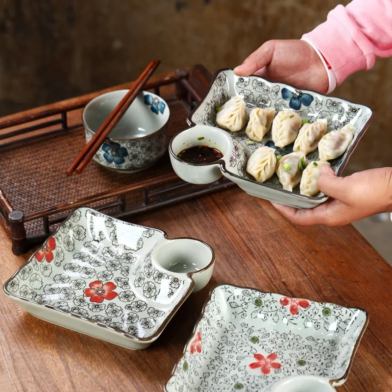 Keramische Dumpling Schotel met Azijnbakje en Compartimenten voor Thuis Serveer je Dim Sum met Smaak en Gemak