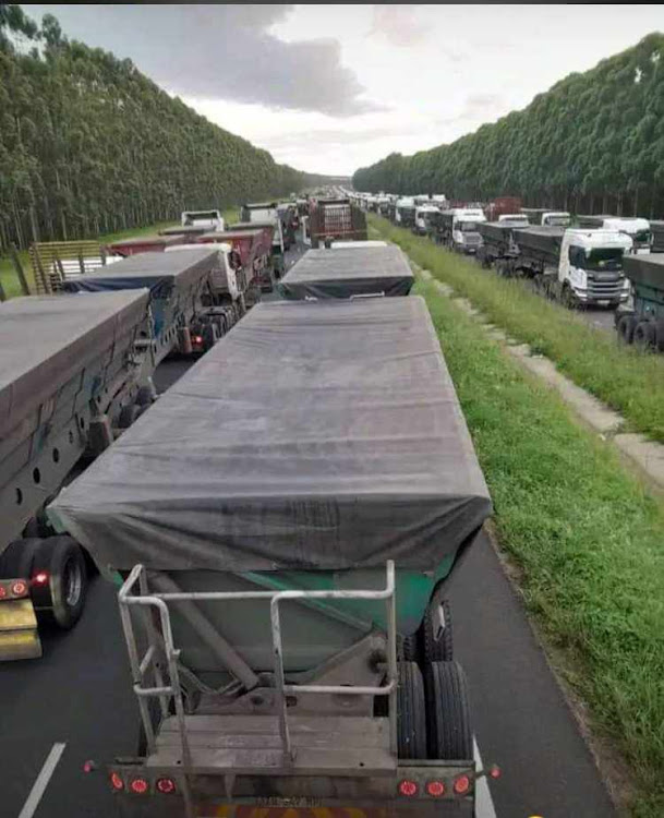 Trucks on the N2 highway occupy all lanes in both directions to and away from Richards Bay.