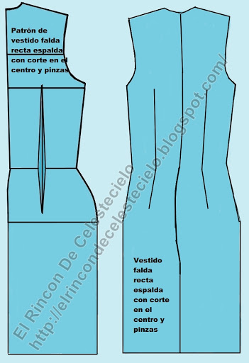 Patrón espalda con corte en el centro de vestido falda recta