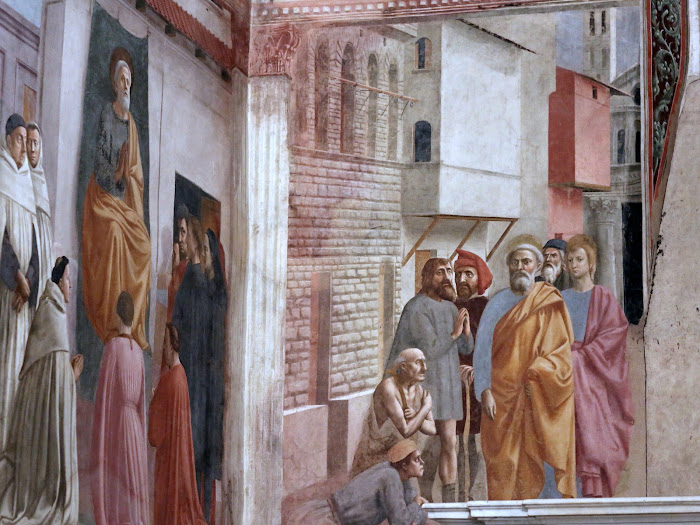 Masaccio, San Pietro risana con l’ombra, affresco nella Cappella Brancacci, Santa Maria del Carmine, Firenze