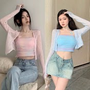 Set Áo Ống Croptop Dây Ôm Body Voan Ánh Xà Cừ + Khoác Lửng Cardigan Suông Trơn Ôm Đi Biển Đi Tiệc Đi Chơi Dạo Phố