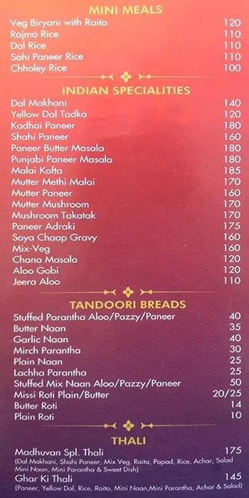 Madhuvan Sweets & Restaurant menu 