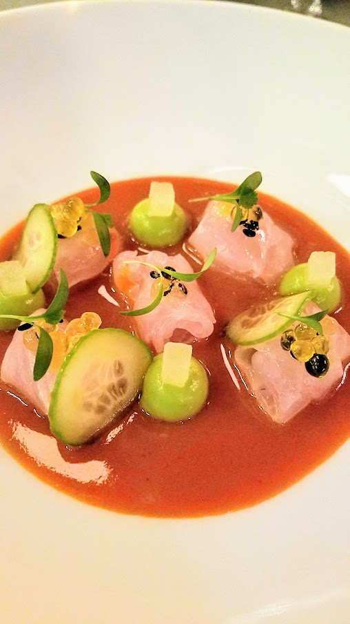 Meet the Chef Albert Adria dinner with Ataula, kanpachi dish of hawaiian amberjack, avocado, lime-asian pear, black sesame, and piquillo aguachile