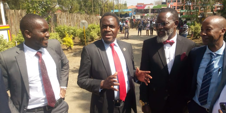 Kapseret MP Oscar Sudi's lawyers led by Nelson Havi outside the Nakuru Central Police Station on September 18, 2020.