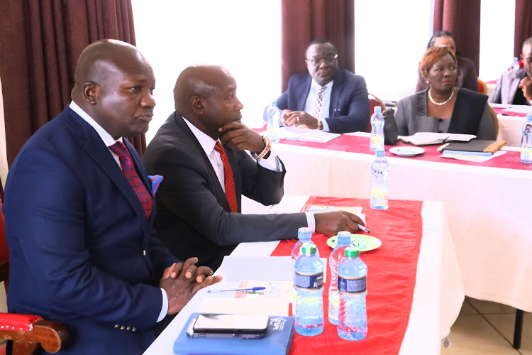 Kakamega Governor Fernandez Barasa and his deputy Ayub Savula during a consultative meeting on the county budget review and outlook paper at a hotel in Kakamega on Wednesday.