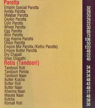 Empire Restaurant menu 