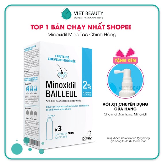 Xịt Mọc Tóc Minoxidil Bailleul 2% - Nhập Khẩu Pháp - Ngăn Rụng Tóc, Kích Thích Mọc Tóc [Hộp 3 Lọ 60Ml] - Hsd 2025, 2026