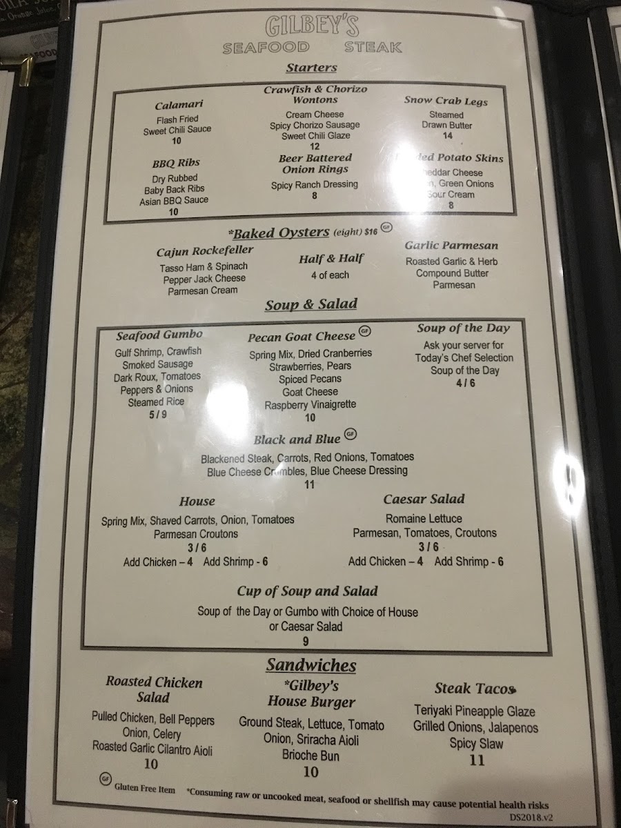 Gilbey's Seafood & Steak gluten-free menu