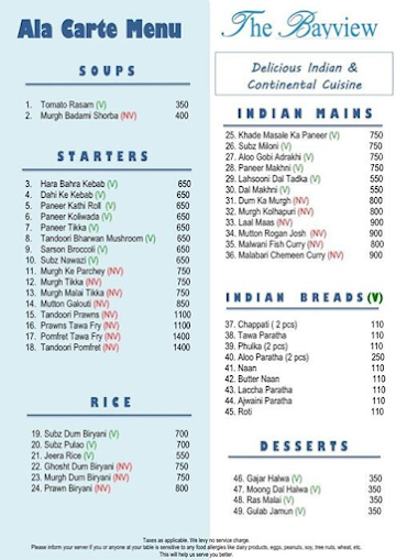 The Bayview menu 